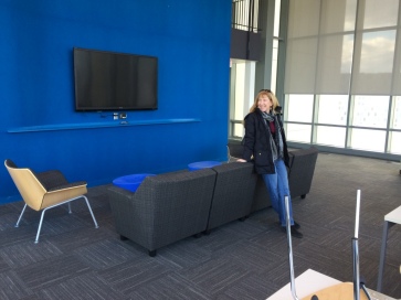 Virginia and the 70-inch flat screen in the lounge area